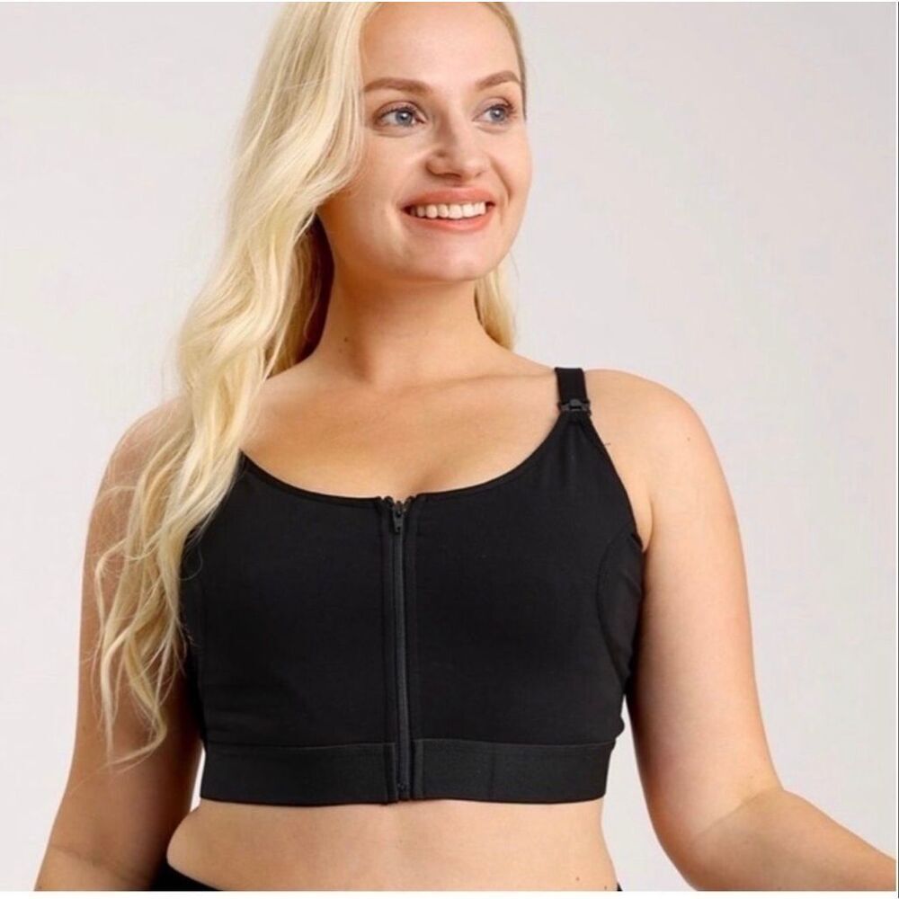 NWT Womens Momcozy Black Zip Front Hands Free Pumping Nursing Bra - Sz M